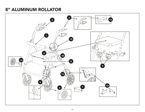Replacement Parts for Rollator Aluminum RLA8 Compass Health/Roscoe/ProBasics With 8" Wheels