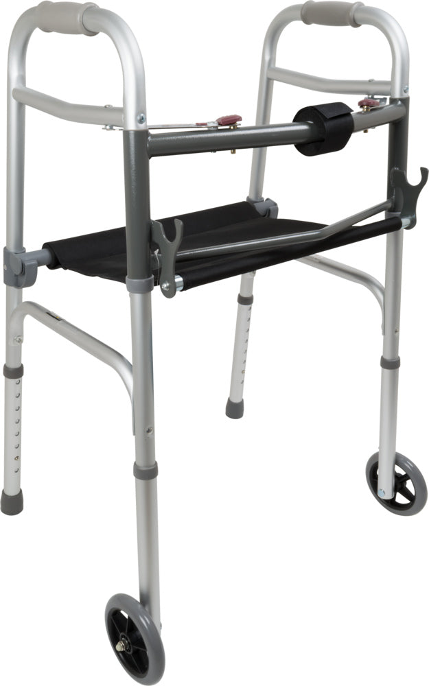 ProBasics Two-Button Folding Walker with Wheels and Roll-Up Seat - Item #: WKAAW2BST