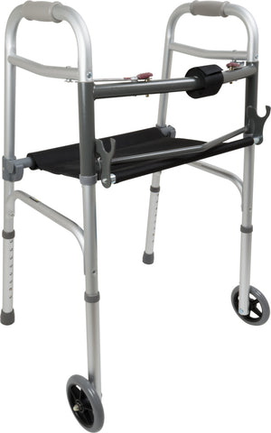 ProBasics Two-Button Folding Walker with Wheels and Roll-Up Seat - Item #: WKAAW2BST
