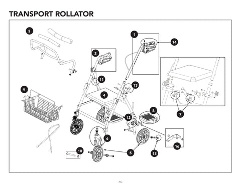 Replacement Parts for ProBasics Aluminum Transport Rollator  RLATBG &  RLATBL - Each Part Sold Separately - Home Health Superstore